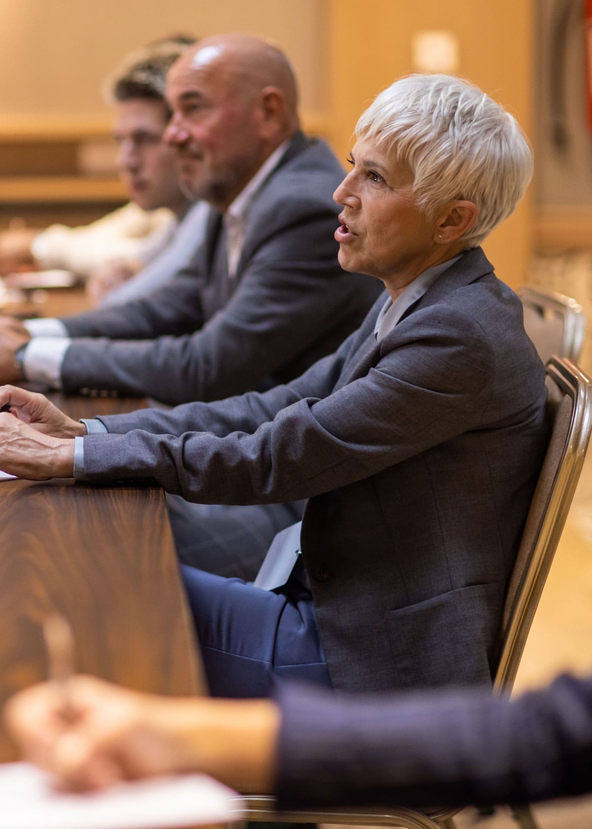 Group of Board members discussing ideas during meeting.