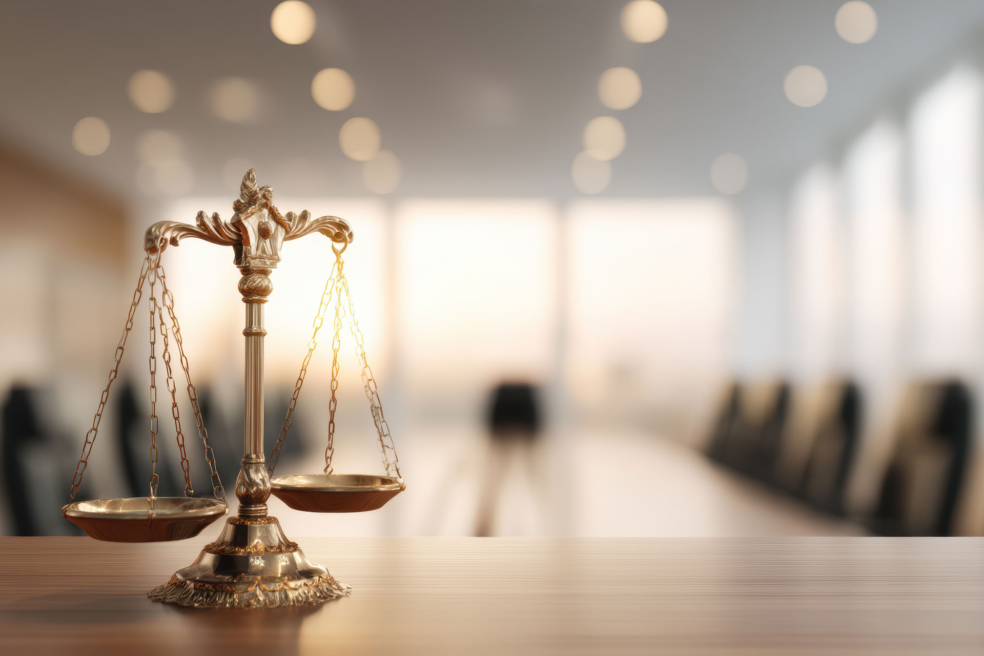 Image of a balance on a table in front of a conference room.